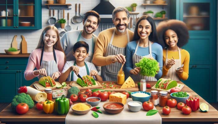 A family quickly assembling tacos with fresh ingredients on a colorful, organized kitchen table.