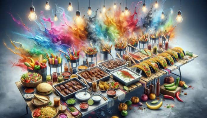 A vibrant taco night setup with organized ingredients, slow-cooked meats, and grilled vegetables for efficient assembly.