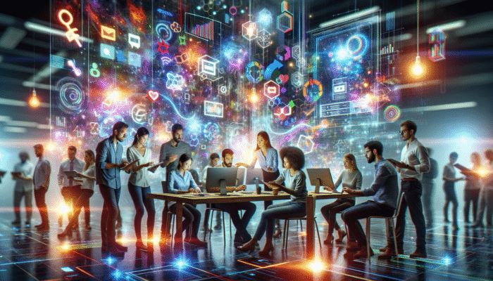 A digital workshop with experts crafting interactive content on glowing screens, surrounded by colorful graphs and metrics.