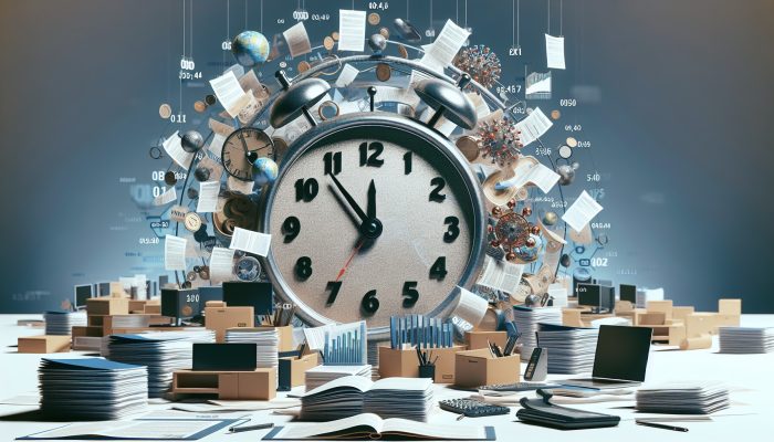 A clock and scattered loan documents in a busy UK financial office, illustrating debt consolidation loan processing time.