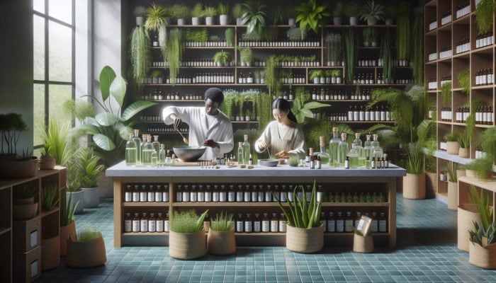 Apothecary scene with herbalists mixing natural dandruff remedies surrounded by plants and labelled bottles.