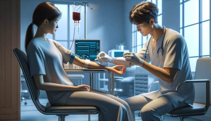 A healthcare professional calmly drawing blood from a patient's arm in a well-lit medical facility.