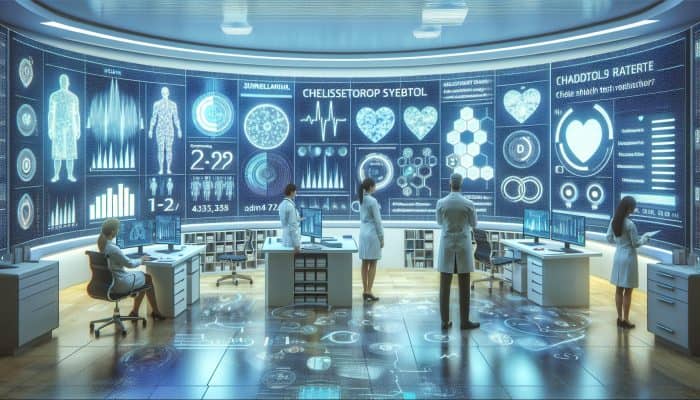 A modern Sunderland clinic with expert doctors analysing cholesterol test results on digital screens.