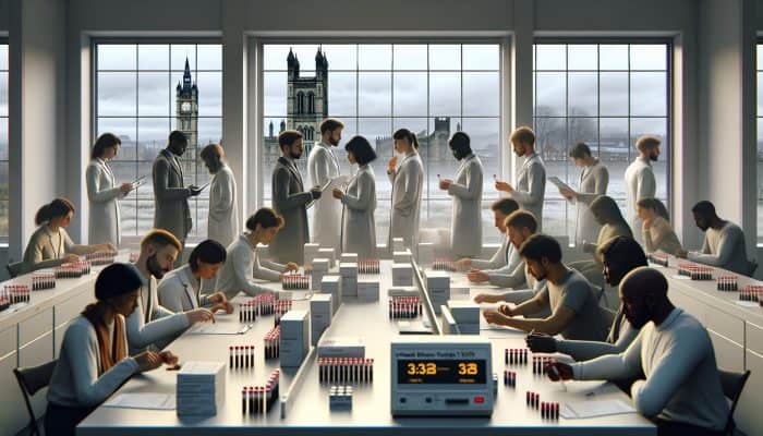 A diverse group in Gateshead examines vitamin D test kits in a dimly lit room, cloudy UK winter visible outside.