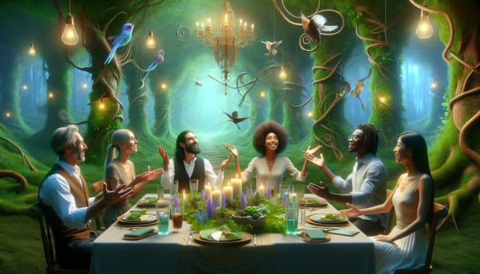 A themed dinner table in an enchanted forest with guests engaging and enjoying the immersive setting.