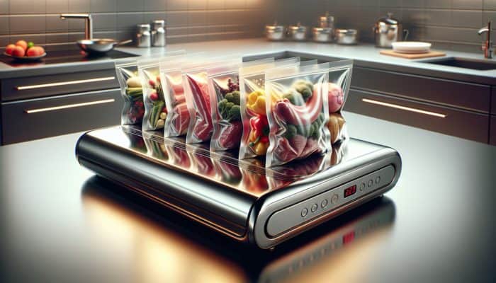 A modern kitchen with a vacuum sealer preserving meats, vegetables, and liquids in bags, showcasing its versatility.