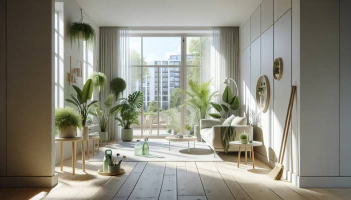 A serene UK flat interior with eco-friendly cleaning tools and lush green plants.