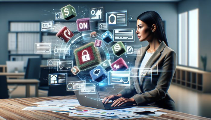 Person analyzing financial documents and debt consolidation offers on a laptop in a modern office.