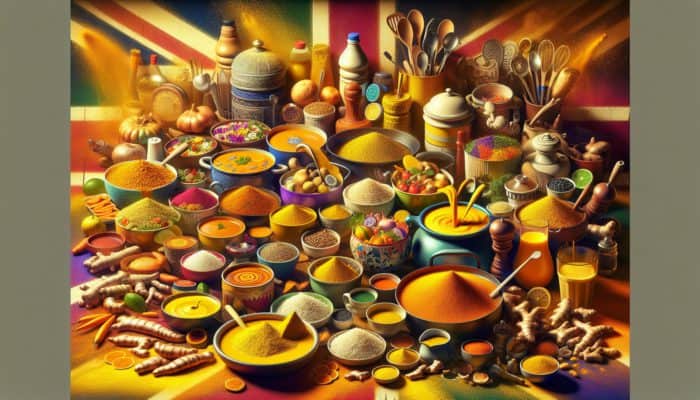 A vibrant British kitchen scene with turmeric used in various dishes, highlighting its color and health benefits.