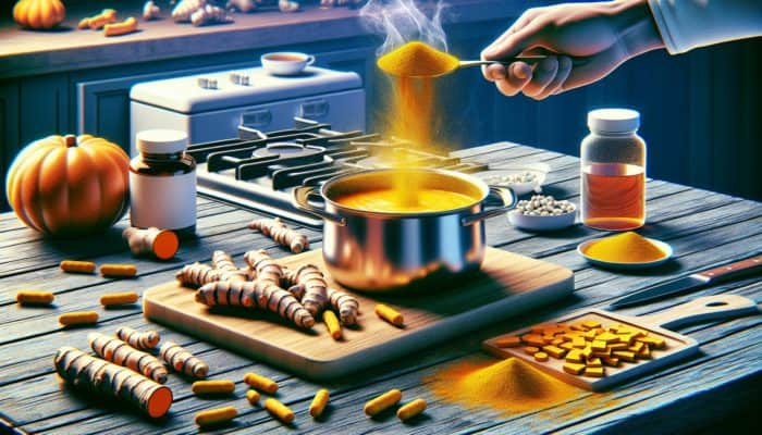 A kitchen scene with turmeric added to curry, tea, supplements, and fresh root slices on display.