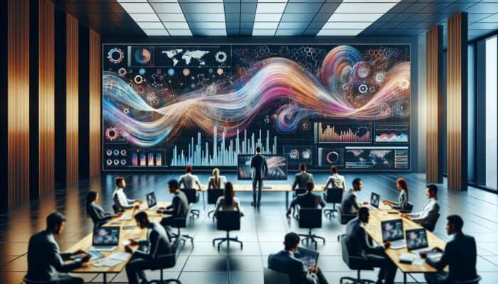 A team analysing e-commerce video campaign data on screens with graphs and charts in a modern office.