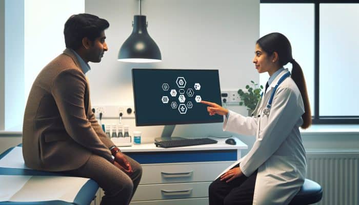 A person consulting a doctor in a modern Exeter GP surgery, viewing a map of local testing centers on a computer.