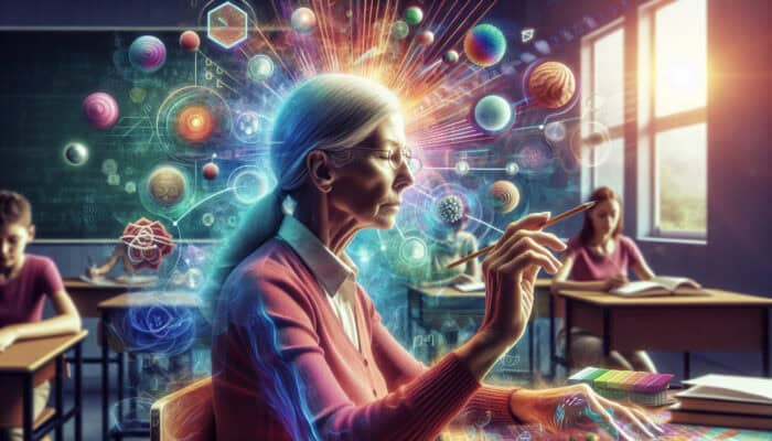 An older adult in a classroom using visual aids, listening, and touching interactive materials for learning.