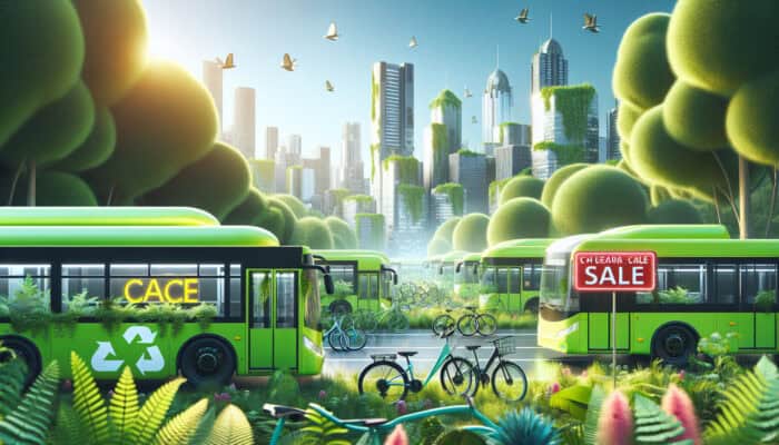 A cityscape with electric buses and bikes, clearance sale signs, clear skies, and lush greenery.