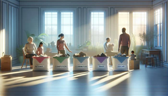 A serene room with family sorting items into labeled piles: keep, donate, sell, dispose, under soft lighting.