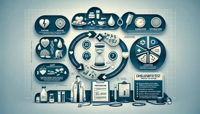 Infographic showing steps for cholesterol test prep: fasting, diet, hydration, timing, on medical-themed background.