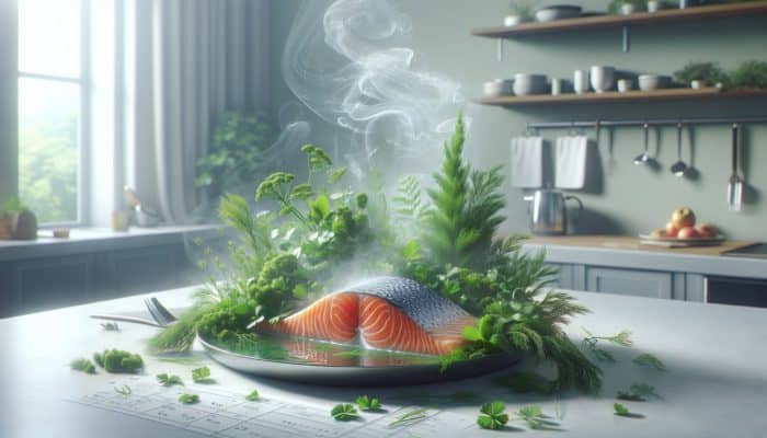 Poached salmon fillet with dill, parsley, and tarragon, steaming in a light broth.