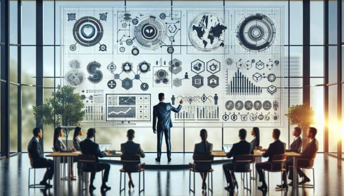 A person presenting a tech report with charts, graphs, and software metrics, experts discussing in the background.