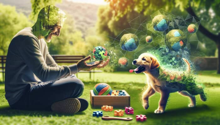 A joyful owner and energetic puppy playing fetch and tug-of-war in a park, enhancing their bond.