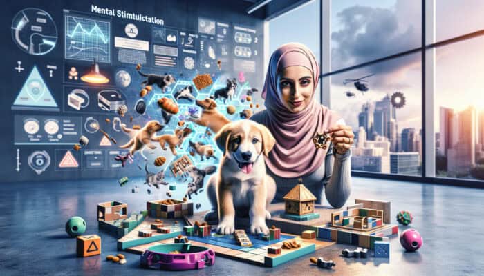 A puppy and owner engaging in various mental stimulation activities like puzzles, hide-and-seek, obstacle courses, and clicker training.