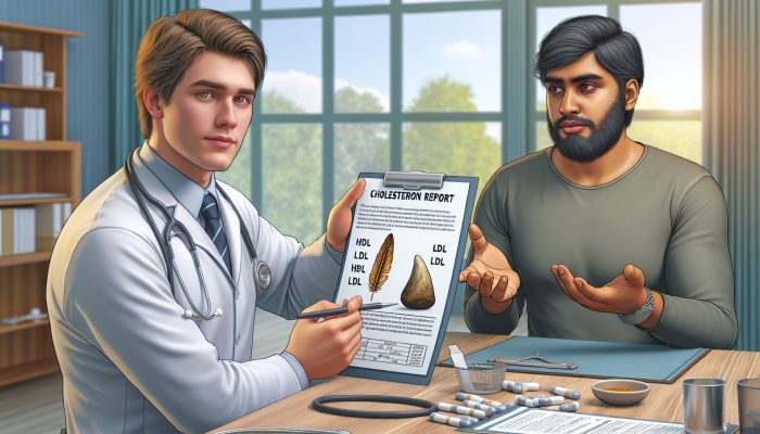 A doctor in Darlaston clinic explains cholesterol test results, focusing on HDL, LDL, triglycerides, and lifestyle changes.