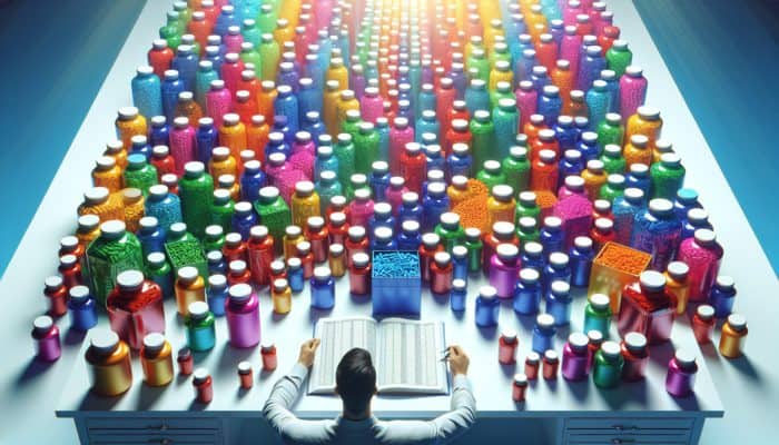 A person organising colorful supplement bottles on a table with an open journal, symbolising safe stacking practices.