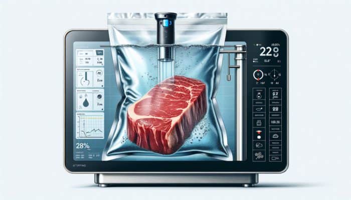 Sous vide setup with thick ribeye steak in vacuum-sealed bag, submerged in controlled water bath.