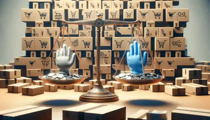 A scale balancing polythene gloves and coins, with bulk boxes and online shopping icons in the background.