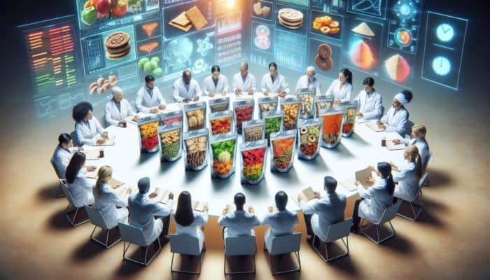 A table of freeze-dried food packets examined by experts in lab coats, with charts and graphs.