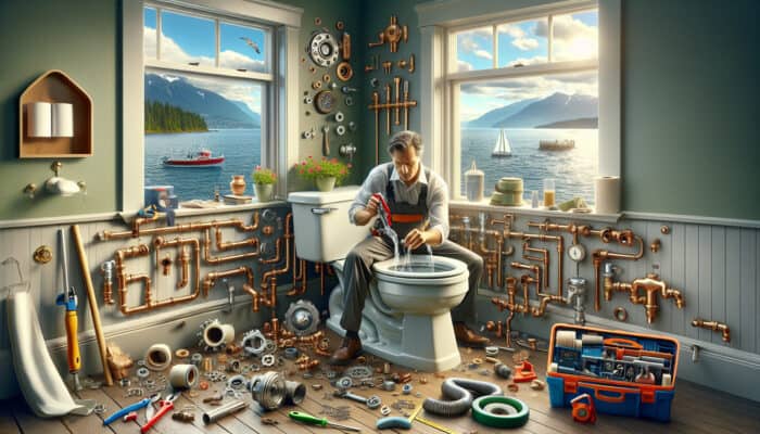 A plumber expertly repairing a toilet in Tsawwassen, Delta, with tools and a coastal view.