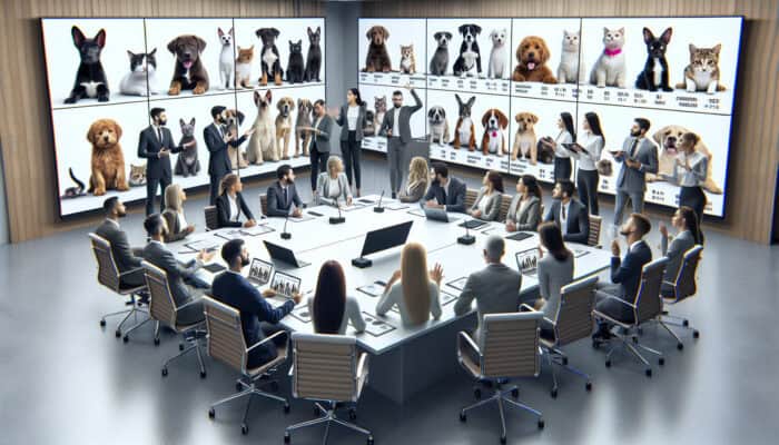 Experts discussing pet adoption fees in a conference room, with charts and pets.