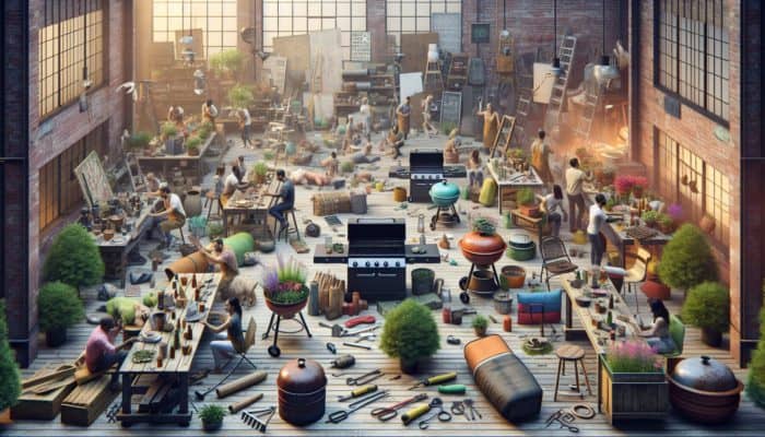 People upcycling old BBQ grills into garden planters and furniture in a vibrant workshop.