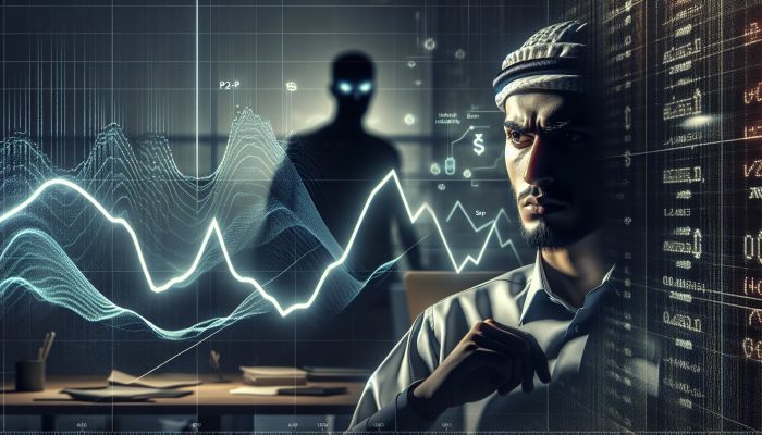 A person stressed by a fluctuating graph and a shadowy figure in a dimly lit office.