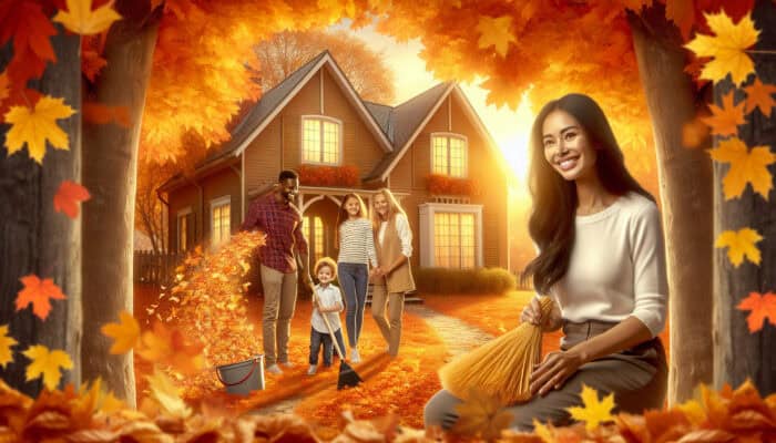A cozy autumn scene with a family clearing a home, aided by a consultant, under golden light.
