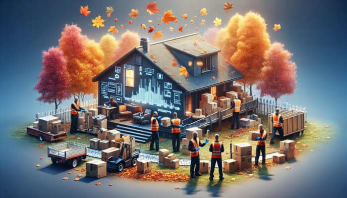 Professionals sorting and removing large items and hazardous materials during autumn house clearance, with falling leaves and special deal banners.