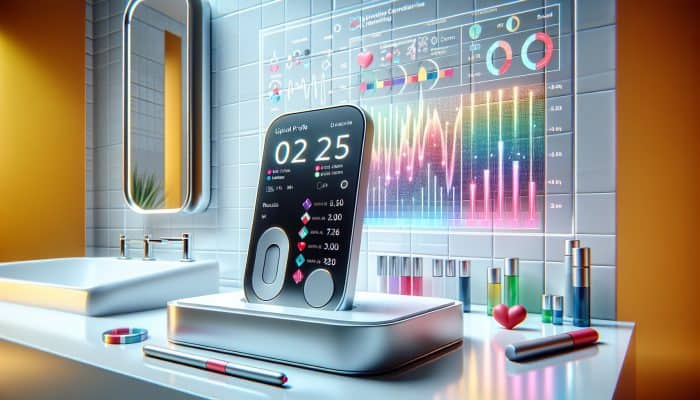 A modern home cholesterol testing kit on a bathroom counter with a lipid profile chart in the background.