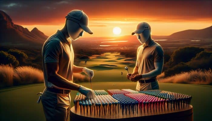 Ernie Els and Louis Oosthuizen choosing wooden tees at sunset on a South African golf course.