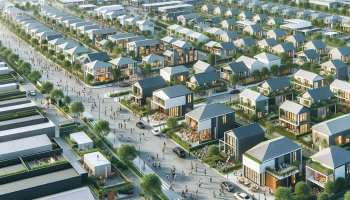 Aerial view of a vibrant neighborhood with modern entry-level homes and green spaces.