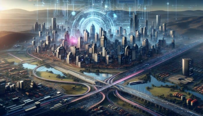 Futuristic Pietermaritzburg skyline with new transport routes and modern commercial developments enhancing urban renewal.