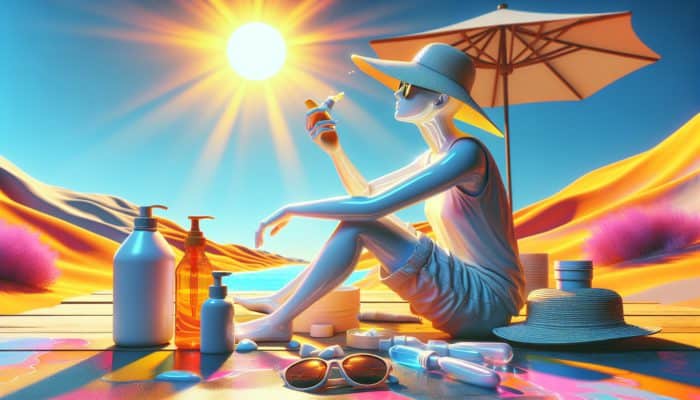 Person in hat and sunglasses applying sunscreen, resting in shade with water bottle during midday heat.