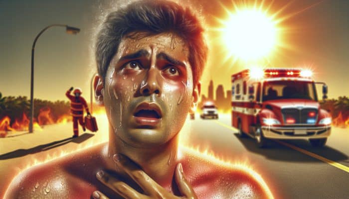 A person with flushed face and sweating, confused in hot sun, emergency services arriving.