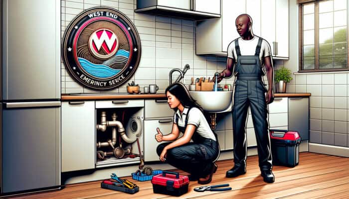 Plumber in uniform unclogging kitchen sink, satisfied customer, 24/7 emergency logo.