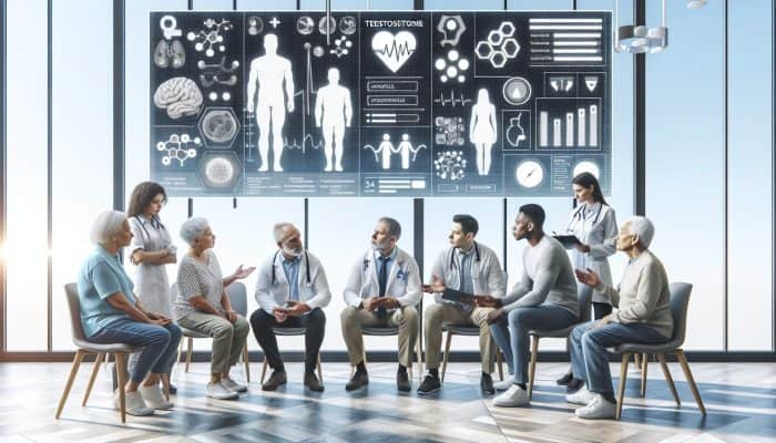 Diverse adults consulting healthcare providers about testosterone testing in a modern clinic with health charts.