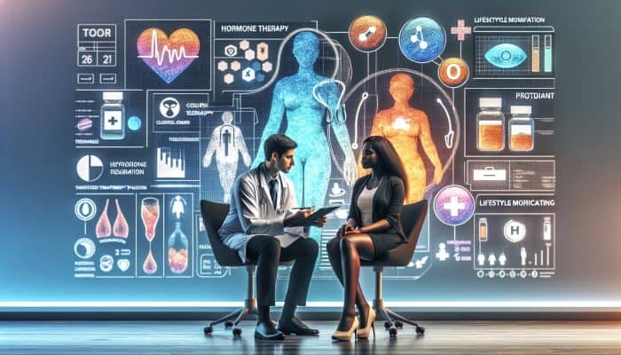 A healthcare provider and patient discussing a tailored treatment plan in a modern clinic with health charts.
