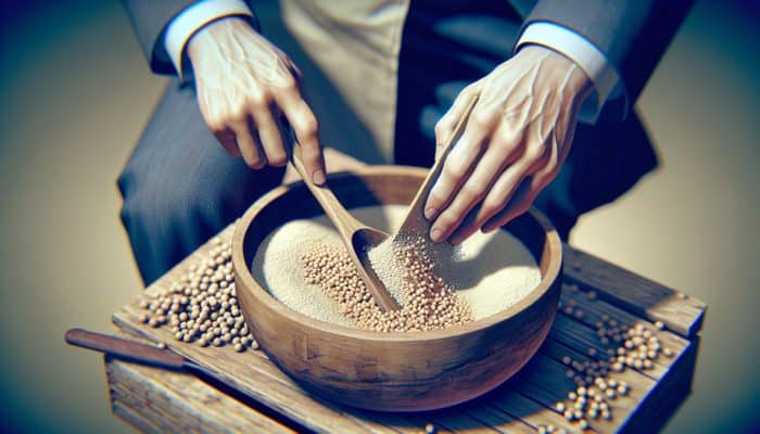 Hands mixing rice koji with soybeans using a wooden spatula in a bowl for fermentation.