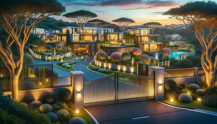 A serene Umhlanga estate at dusk with modern, secure entry-level homes and lush gardens.