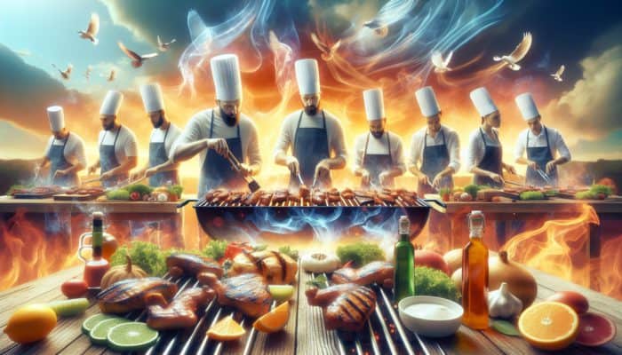 Chefs applying low-fat glazes to meats on a grill, with bottles of natural ingredients nearby.