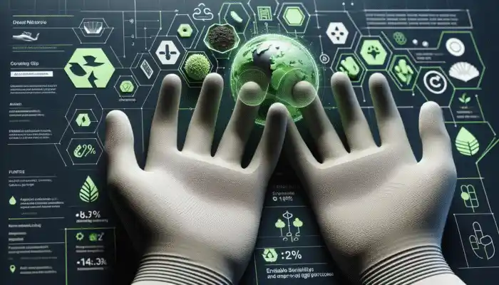 Hands in advanced nitrile gloves with enhanced sensitivity and grip, eco-friendly materials and symbols.