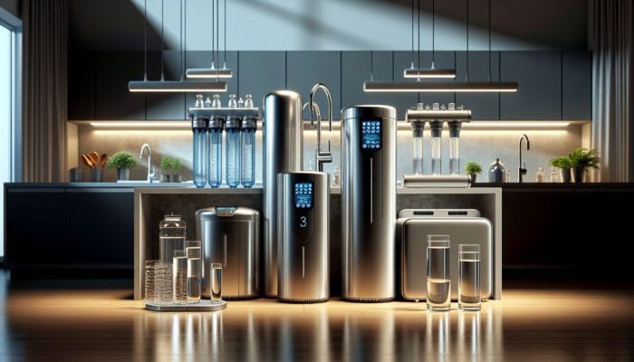 A comparison chart of different water purifiers in a modern kitchen, emphasizing water quality and health.