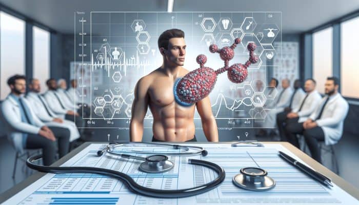 A medical illustration of testosterone molecule with diagnostic tools, charts, and men over 40 in a clinic.